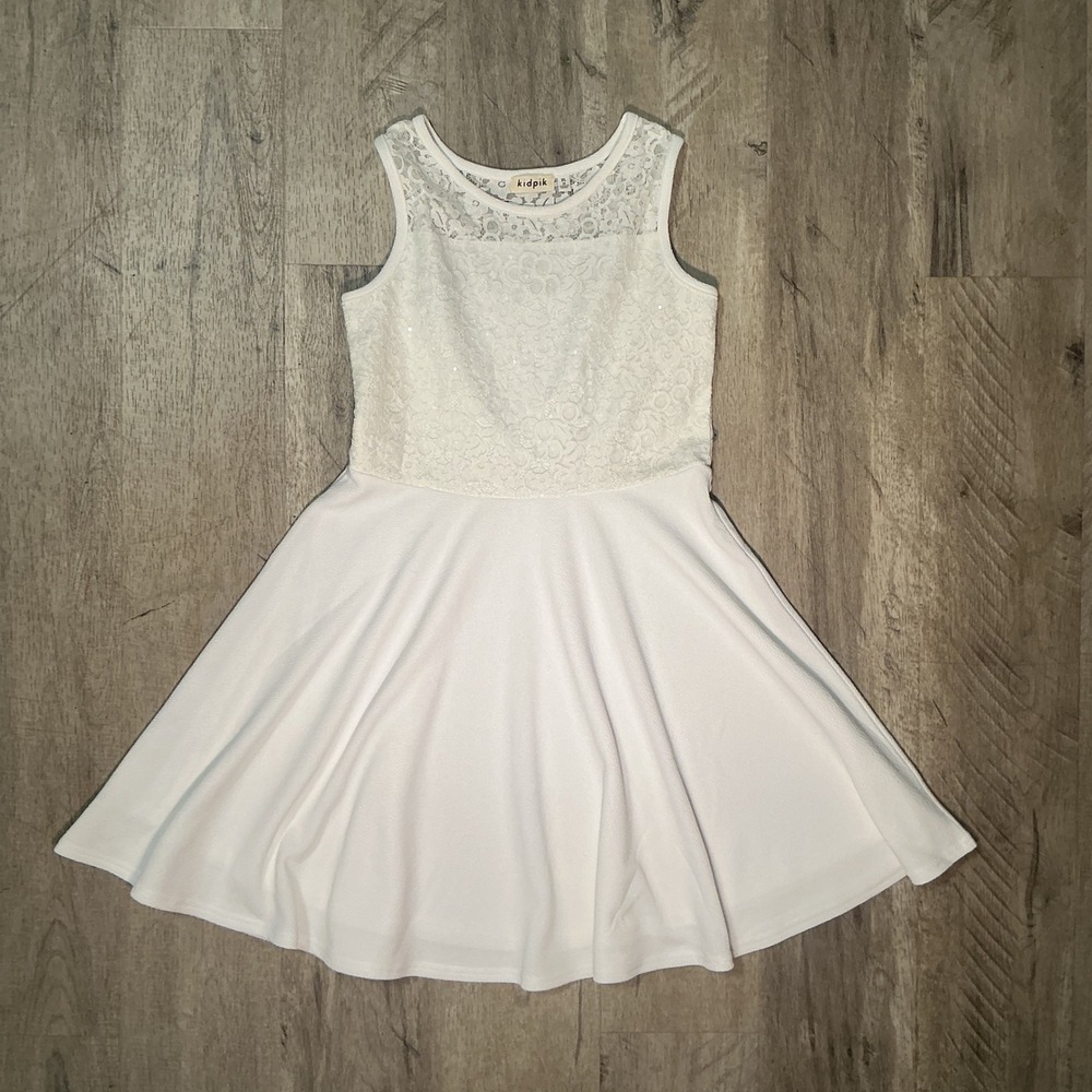 Kidpik Girls White Lace Sequin Sleeveless Fit and Flare Party Dress Size XL 14